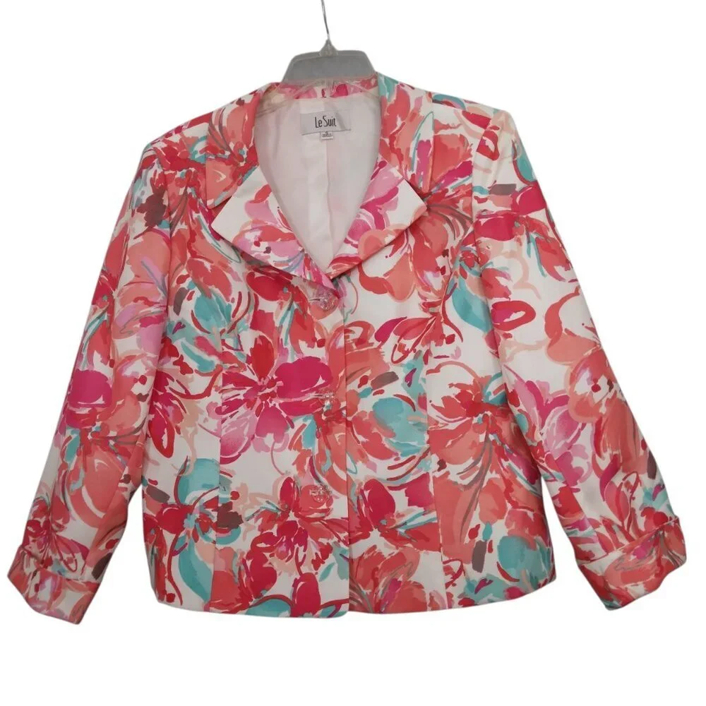 Le Suit | Multicolor Floral 3 Button Blazer Jacket Pink Coral Turquoise  | Sz 16 - Picture 2 of 10